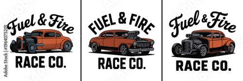 Collection of three vintage hot rod car designs featuring custom engines and bold typography branding for racing enthusiasts.