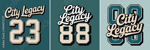 Collection of three vintage athletic graphic designs featuring bold numbers and scripted city legacy typography