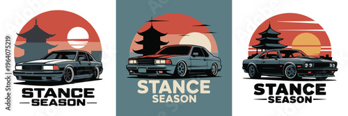 Three stylized automotive graphics featuring aggressively lowered Japanese classic cars against rising suns and pagodas