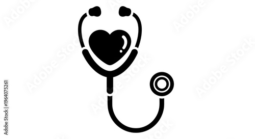 A black silhouette of a stethoscope wrapped around a solid heart shape