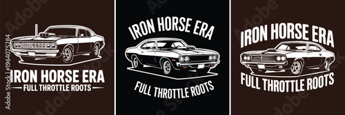 Vintage American muscle car design featuring aggressive styling and powerful engine imagery perfect for enthusiasts