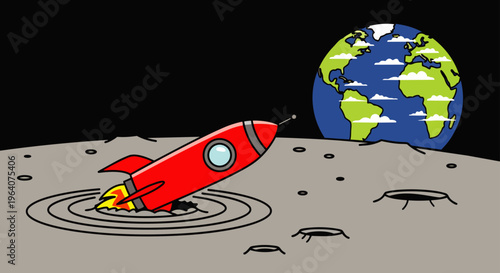 a vibrant space rocket launching from the moons cratered surface with a detailed planet earth in the background depicting cosmic exploration and discovery.