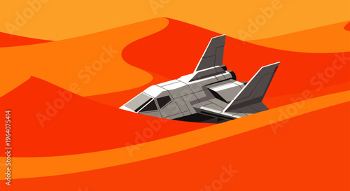 a futuristic sci-fi spaceship partially crashed in a vast red and orange desert landscape evoking themes of space exploration and mystery.