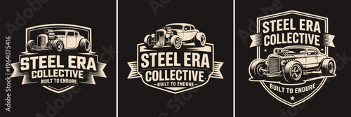 Vintage hot rod custom car logo design for a steel era collective built to endure with classic automotive style.