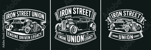 Tableau sur toile Collection of three distinct vintage hot rod car emblems featuring powerful engi