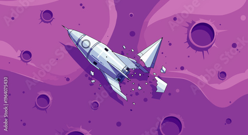 broken rocket spaceship crash a technological failure and space accident with debris against a purple background.