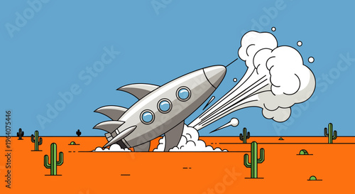 cartoon rocket crash landing in a desert kicking up smoke illustrating concepts of failure error or unexpected results