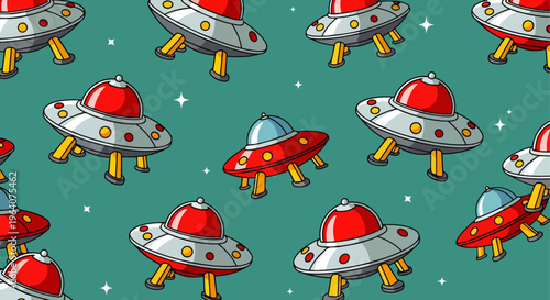 cartoon ufo flying saucer seamless pattern featuring alien spaceships floating against a green starry background for kids illustration.