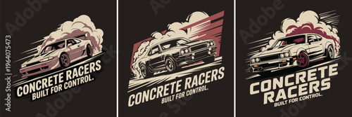 Stylized illustrations of powerful racing cars, both classic and modern, drifting with smoke, conveying speed, adrenaline, and ultimate control.
