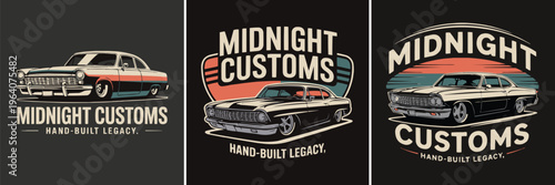 A collection of stylish vintage American classic cars, hot rods, and custom vehicles, perfect for automotive enthusiasts, displaying a hand-built legacy.