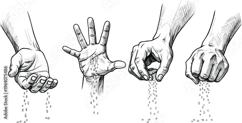 Hand gestures sprinkling salt collection with vintage engraving style detailed human hands seasoning action vector illustration set