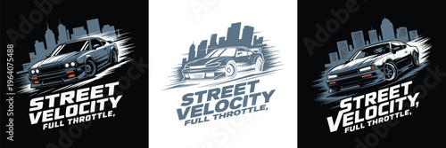 Aggressive street racing car graphic featuring stylized motion lines and a dense urban skyline background design