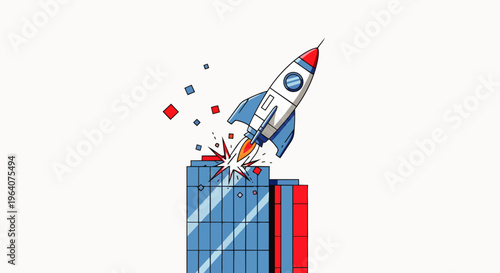 cartoon rocket launching from a modern building breaking through its roof a dynamic business concept for startup breakthrough and rapid growth.