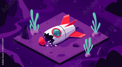 crashed rocket and alien egg discovered on a mysterious extraterrestrial landscape in an isometric sci-fi adventure illustration