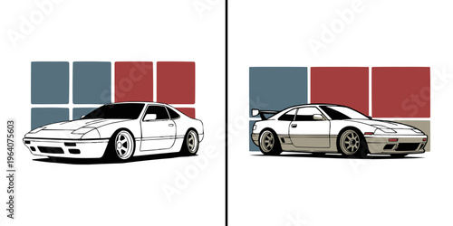 Comparison illustration showing a stock and modified Japanese sports coupe car side profile art style