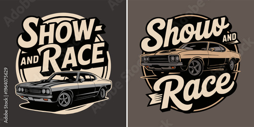 Classic American muscle car show and race event illustrations in a retro vintage style perfect for automotive racing enthusiasts and car lovers.