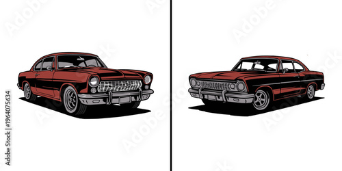 Two vintage lowrider style classic coupes depicted side by side in a stylized graphic illustration