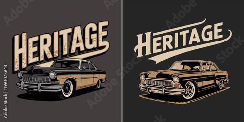 Two classic American vintage automobile illustrations featuring bold retro typography proclaiming heritage style.