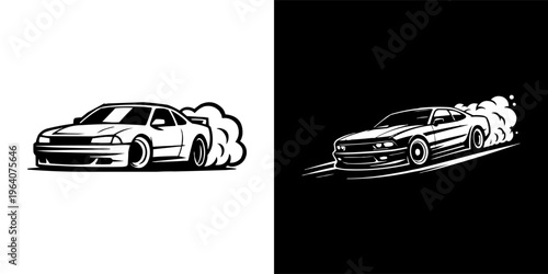 Stylized black and white vector illustrations depict a sporty coupe performing a dramatic tire-smoking drift maneuver