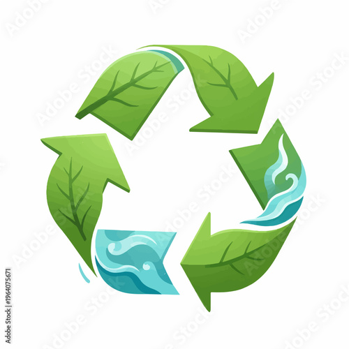 Recycling symbol made of green leaves and flowing blue water, representing circular economy and environmental sustainability for eco conscious lifestyle and resource management.