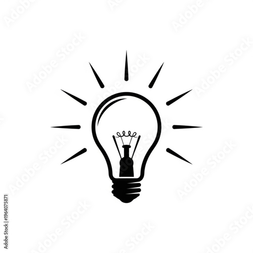 A black vector graphic illustration of a glowing lightbulb with rays of light emanating from it, symbolizing ideas and inspiration
