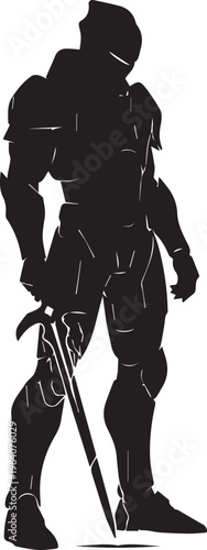 Futuristic knight armor warrior standing with sword vector silhouette illustration line art