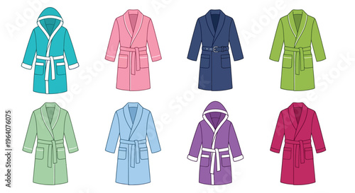Collection of colorful bathrobes displayed in a flat illustrative style