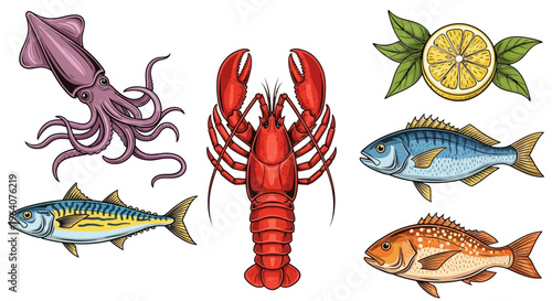 Assortment of Seafood and Ocean Delicacies Squid, Lobster, Mackerel, and Rockfish with a Citrus Garnish