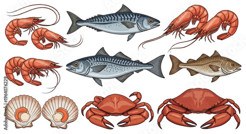 A vibrant collection of fresh seafood including shrimp, fish, scallops, and crabs, perfect for culinary inspiration
