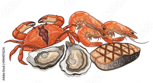 A delicious assortment of fresh seafood including a crab, shrimp, oysters, and grilled fish, perfect for a gourmet meal