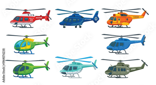 Colorful cartoon helicopters in various designs and emergency services