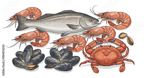 A vibrant hand-drawn illustration of a fresh and diverse seafood assortment, featuring a whole fish, succulent prawns, tender mussels, tasty clams, and a lively crab