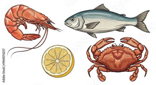 Collection of delicious seafood, including a shrimp, a fish, a crab, and a lemon slice, perfect for culinary inspiration and healthy eating