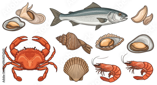 A delectable collection of fresh seafood illustrations, featuring crabs, shrimp, various fish, and an assortment of shellfish, perfect for culinary menus, market designs, and healthy eating promotions