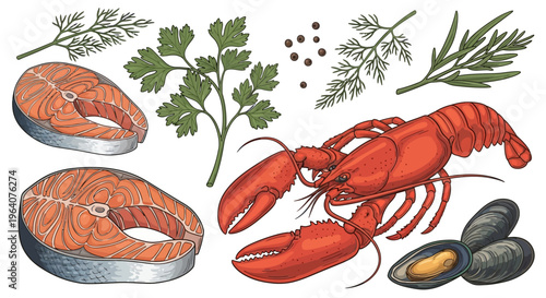 Fresh seafood and aromatic herbs collection, featuring salmon steaks, a vibrant red lobster, and mussels, ideal for gourmet cooking and healthy eating