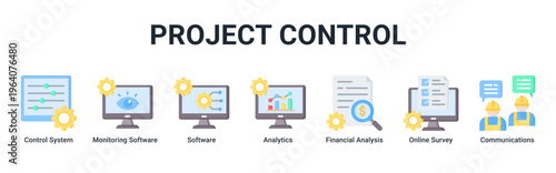 Project Control web banner icon vector illustration with icons of Control System,Monitoring Software,Software,Analytics,Financial Analysis,Online Survey and Communications