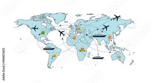 Global logistics and transportation network map with airplanes ships and trucks on a light blue world map