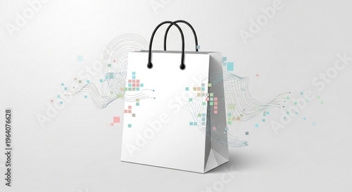 White shopping bag with colorful pixels and black handles on gray background for retail or e commerce