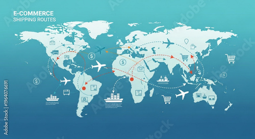E commerce global shipping routes on world map with icons of planes ships and shopping carts