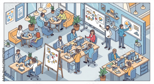 People working in a modern office space with desks computers and collaborative brainstorming sessions