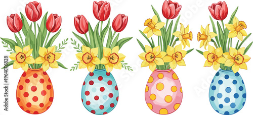 Watercolor Easter Egg Flower Arrangements with Tulips and Daffodils for Spring Design