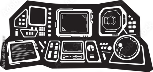 Spaceship cockpit interior control panel display vector silhouette illustration line art