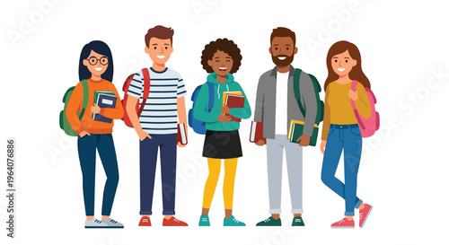 A diverse group of students standing together smiling and holding books