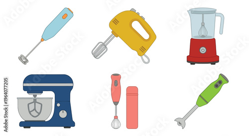 Colorful kitchen appliances including mixers blenders and immersion blenders