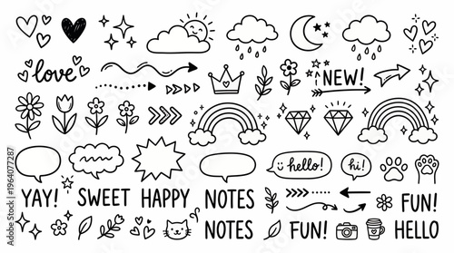 Collection of cute hand drawn black doodle icons with hearts flowers rainbows and speech bubbles on white, concept for bullet journal decoration, digital stickers and scrapbook design