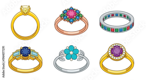 Colorful cartoon illustration of six different rings with various gemstones