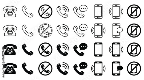 Phone icon set. Contact us symbol. Telephone call sign. Cell phone, ringing phone pictogram isolated on white background. Vector illustration.
