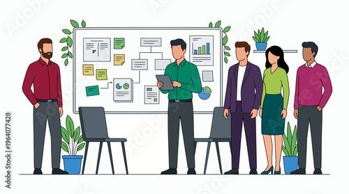 Diverse corporate executives and creative managers standing near whiteboard with project charts and data, concept for professional team collaboration, business strategy and management workshop