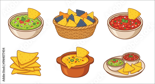 Colorful illustration featuring various bowls of nachos and dips