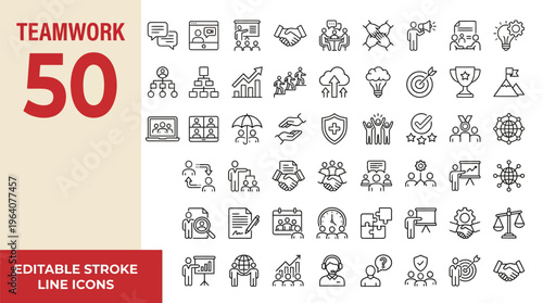 Teamwork icon set. Business related line icons: meeting, cooperation, support, collaboration, partnership, society, workshop, work group, human resource and more. Editable stroke. Vector illustration.
